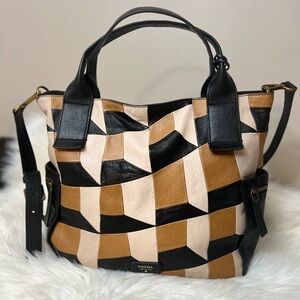 Fossil Black, Brown, and Cream Shoulder Bag